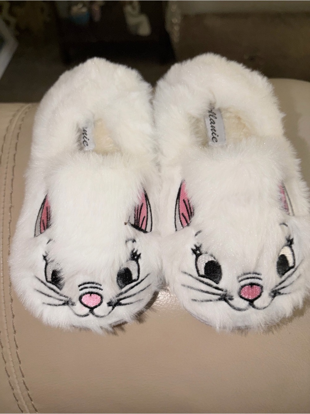 Bellamie White Bunny Plush Slip-Ons with Pink Accents